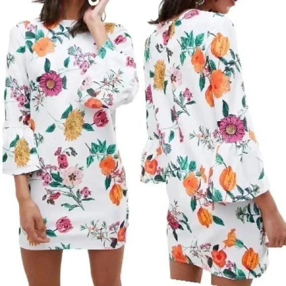 NWOT ASOS DESIGN botanical floral shift mini dress with fluted sleeves - Picture 2 of 12